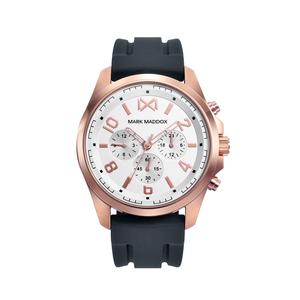 Reloj Multifunción Mark Maddox para Caballero de Acero Pavonado Rosa con Correa de Silicona Negra de Calibre 24mm. Esfera Blanca con Números Árabes y Palos. Bisel Liso Pavonado Rosa. Sumergible 50 metros. Caja de 46 mm. HC0106-05