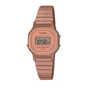 Reloj Casio para Señora con Caja de Resina y Armis de Acero Pavonado Rosa. Esfera Digital, Alarma, Calendario Automático, Cronómetro, 7 Temporizadores Programables, Pila 2 Años. No Sumegible. Caja 25x31mm LA-11WR-5AEF