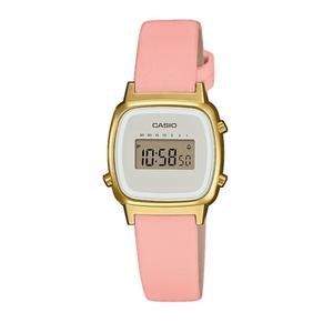 Reloj Casio para Señora con Caja de Resina Dorada con Correa de Piel Rosa. Esfera Digital con el Borde Blanco, Alarma Diaria, Calendario Automático, Cronómetro, 7 Temporizadores Progamables, Pila 2 Años. No Sumergible. Caja 24x30mm LA670WEFL-4A2EF
