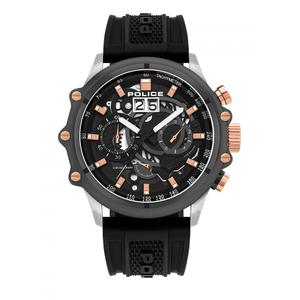 Reloj Cronógrafo Police para Caballero de Acero Bicolor con Correa de Silicona Negra de Calibre 26mm. Esfera Negra con Taquímetro en el Borde, Números Palos, Calendario y Bisel Liso Pavonado Gun Metal con 5 Tornillos Rosas. Sumergible 100m. Caja 48mm PL.16018JSTU-13P