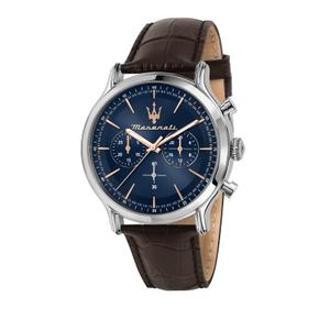 Reloj Cronógrafo Maserati para Caballero de Acero con Correa de Piel Marrón Calibre 20 mm. Esfera Azul con Números Palos y Bisel Liso. Sumergible 100m. Caja 42mm R8871618014