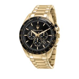 Reloj Cronógrafo Maserati para Caballero de Acero Pavonado Dorado con Armis Mate-Brillo Calibre 22mm. Esfera Negra con Números Palos, Calendario y Bisel Negro con Taquímetro. Sumergible 100m. Caja 45mm R8873612041