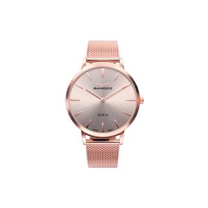 Reloj Swiss Made de Sandoz para Mujer de Acero Pavonado Rosa con Armis de Malla Milanesa Pavonada Rosa de Calibre 16mm. Esfera Rosa con Números Palos. Bisel Liso con Cristal de Zafiro. Sumergible 30 metros. Caja de 35 mm.  S81350-97