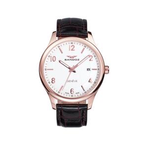 Reloj Swiss Made de Sandoz para Caballero de Acero Pavonado Rosa con Correa de Piel Marrón de Calibre 20mm. Esfera Blanca con Números Arabes y Palos con Calendario. Bisel Liso con Cristal de Zafiro. Sumergible 50 metros. Caja de 42 mm. S81365-85