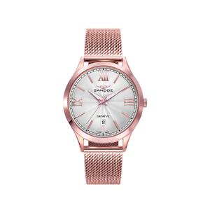 Reloj Swiss Made de Sandoz para Señora de Acero Pavonado Rosa con Armis de Malla Milanesa Pavonada Rosa de Calibre 18mm. Esfera Blanca con Números Romanos y Palos con Calendario. Bisel Liso con Cristal de Zafiro. Sumergible 50 metros. Caja de 37 mm.  S81366-03