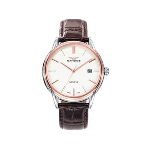 Reloj Swiss Made de Sandoz para Hombre de Acero Bicolor con Correa de Piel Marrón de Calibre 20mm. Esfera Blanca con Números Palos y Calendaro. Bisel Liso Pavonado Rosa con Cristal de Zafiro. Sumergible 50 metros. Caja de 42 mm.  S81471-07