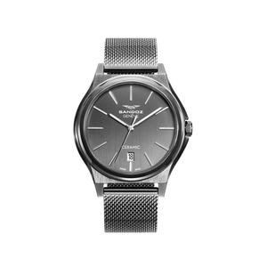 Reloj Swiss Made de Sandoz para Caballero de Acero Pavonado Gun Metal con Armis de Malla Milanesa Calibre 20mm. Esfera Gris con Números Palos y Calendario. Doble Bisel con Aro Interior Cerámica y Acero con Cristal de Zafiro. Sumergible 30m. Caja de 42mm.  S81481-57