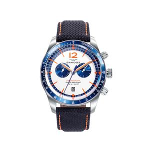 Reloj Cronógrafo Swiss Made de Sandoz para Hombre de Acero con Correa de Piel Forrada con Nato Negro Calibre 22mm. Esfera Azul y Blanca Números Árabes, Palos y Calendario. Cristal Zafiro Bombé. Bisel Aluminio con Taquímetro. Sumergible 100m. Caja 43mm S81503-04