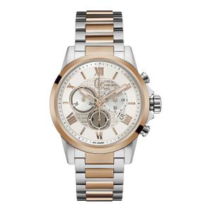Reloj Cronógrafo Guess Collection para Caballero de Acero con Armis Bicolor Rosa de Calibre 20mm. Esfera Blanca, Números Romanos-Palos, Calendario con Lupa, Bisel Liso Pavonado Rosa, Swiss Movement. Sumergible 100m. Caja 42mm Y08008G1