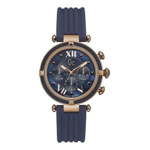Reloj Multifunción Guess Collection para Señora de Acero Pavonado Rosa con Correa de Silicona Azul de Calibre 18mm. Esfera Azul, Números Romanos-Puntos, Bisel Pavonado Rosa con Alambre Azul Alrededor, Swiss Movement. Sumergible 100m. Caja 38mm Y16005L7