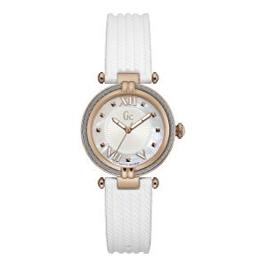 Reloj Guess Collection para Señora de Acero con Correa de Silicona Blanca de Calibre 16mm. Esfera Nácar, Números Romanos-Puntos, Bisel Pavonado Rosa con Alambre Gris Alrededor, Swiss Movement. Sumergible 100m. Caja 32mm Y18004L1