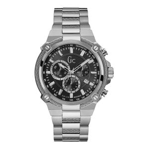 Reloj Cronógrafo Guess Collection para Caballero de Acero con Armis Mate-Brillo de Calibre 24mm. Esfera Negra, Números Palos, Calendario, Taquímetro, Bisel con Alambre Alrededor, Swiss Movement. Sumergible 100m. Caja 45mm Y24003G2