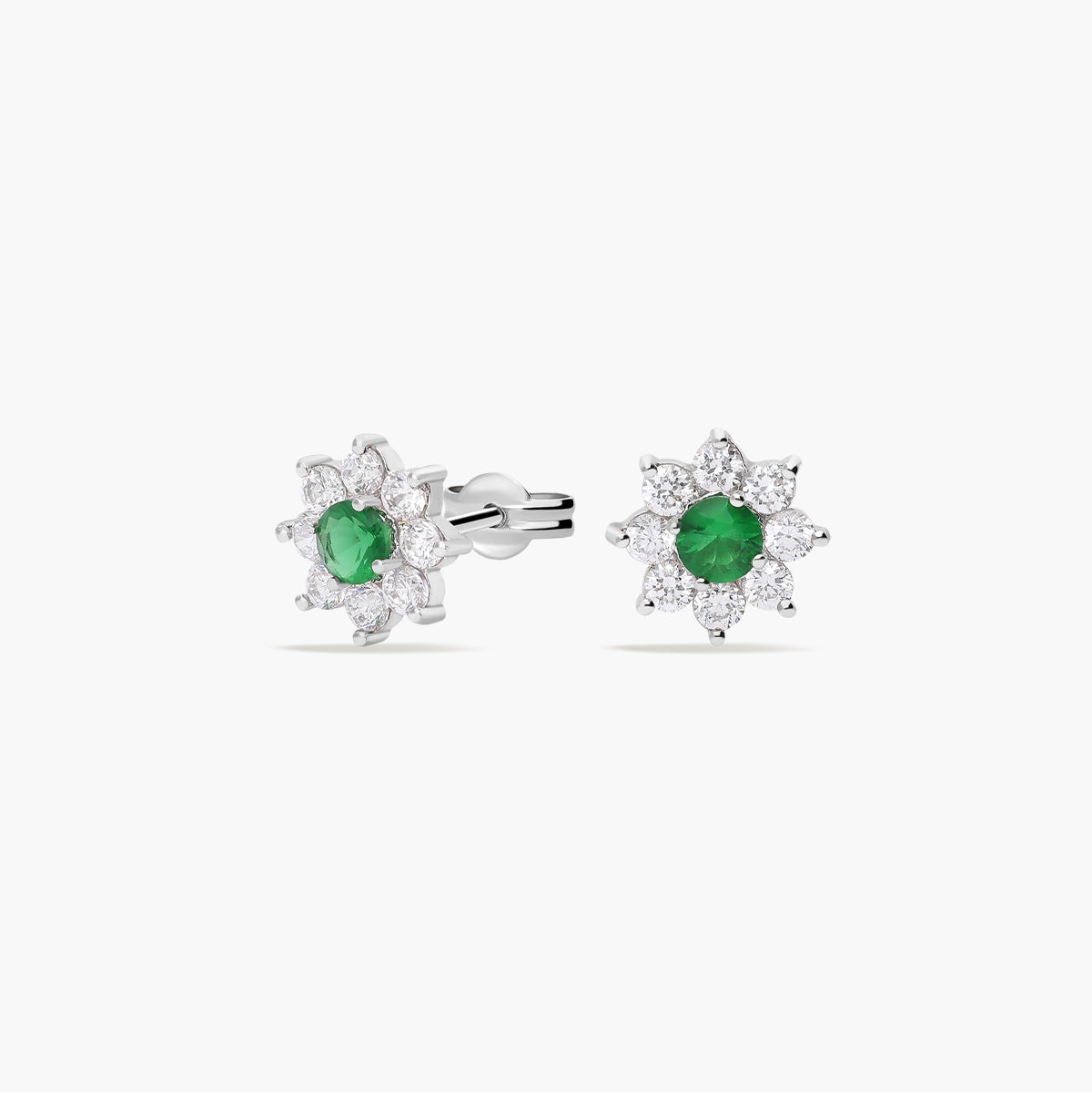 Pendientes flor de oro blanco 18k circonitas verde y blanco 11 mm