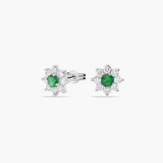 Pendientes flor de oro blanco 18k circonitas verde y blanco 11 mm