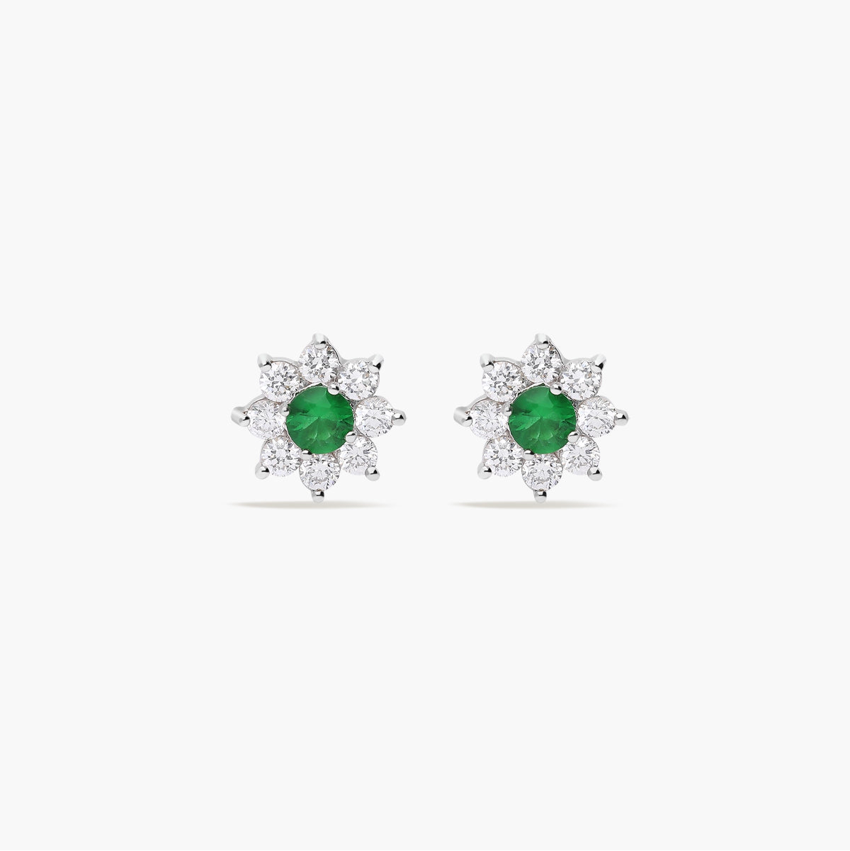 Pendientes flor de oro blanco 18k circonitas verde y blanco 11 mm