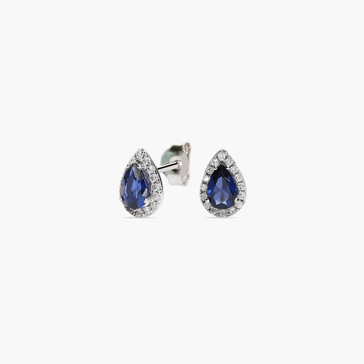 Pendientes de oro blanco 18k circonitas azul y blanco talla lágrima 9 mm