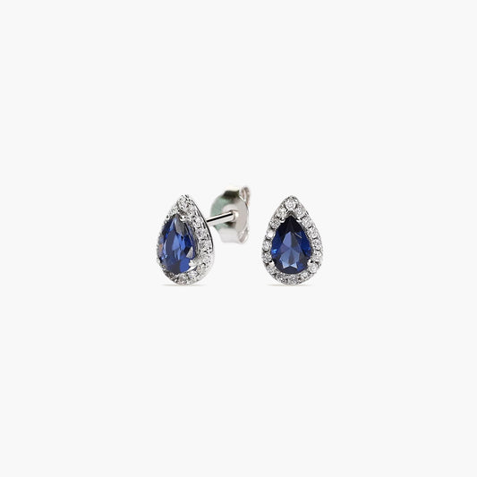 Pendientes de oro blanco 18k circonitas azul y blanco talla lágrima 9 mm