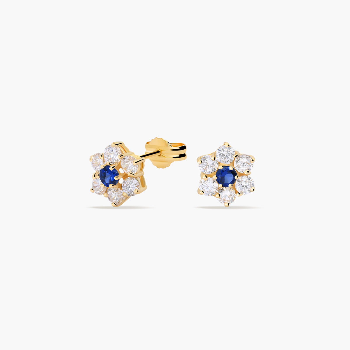 Pendientes flor de oro 18K circonitas azul y blanco 8 mm