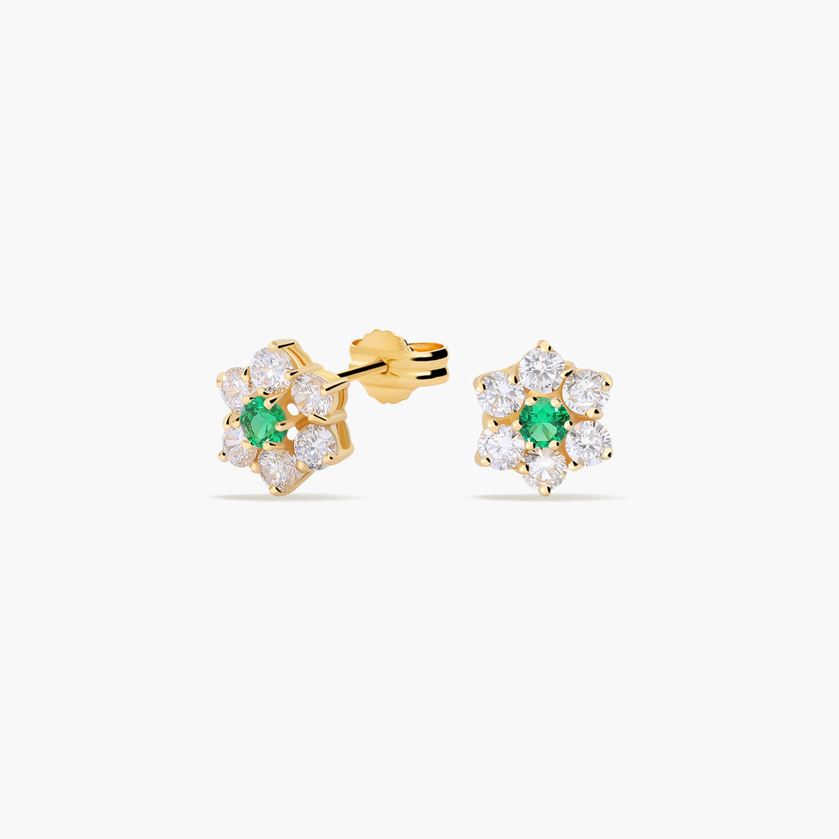 Pendientes flor de oro 18K circonitas verde y blanco 8 mm
