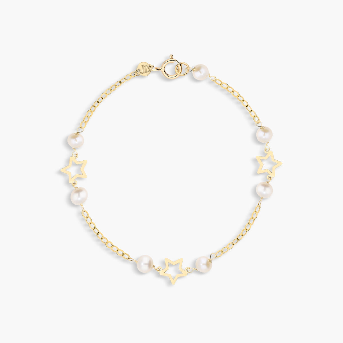 Pulsera infantil de oro 18K con perlas y estrellas 15 cm