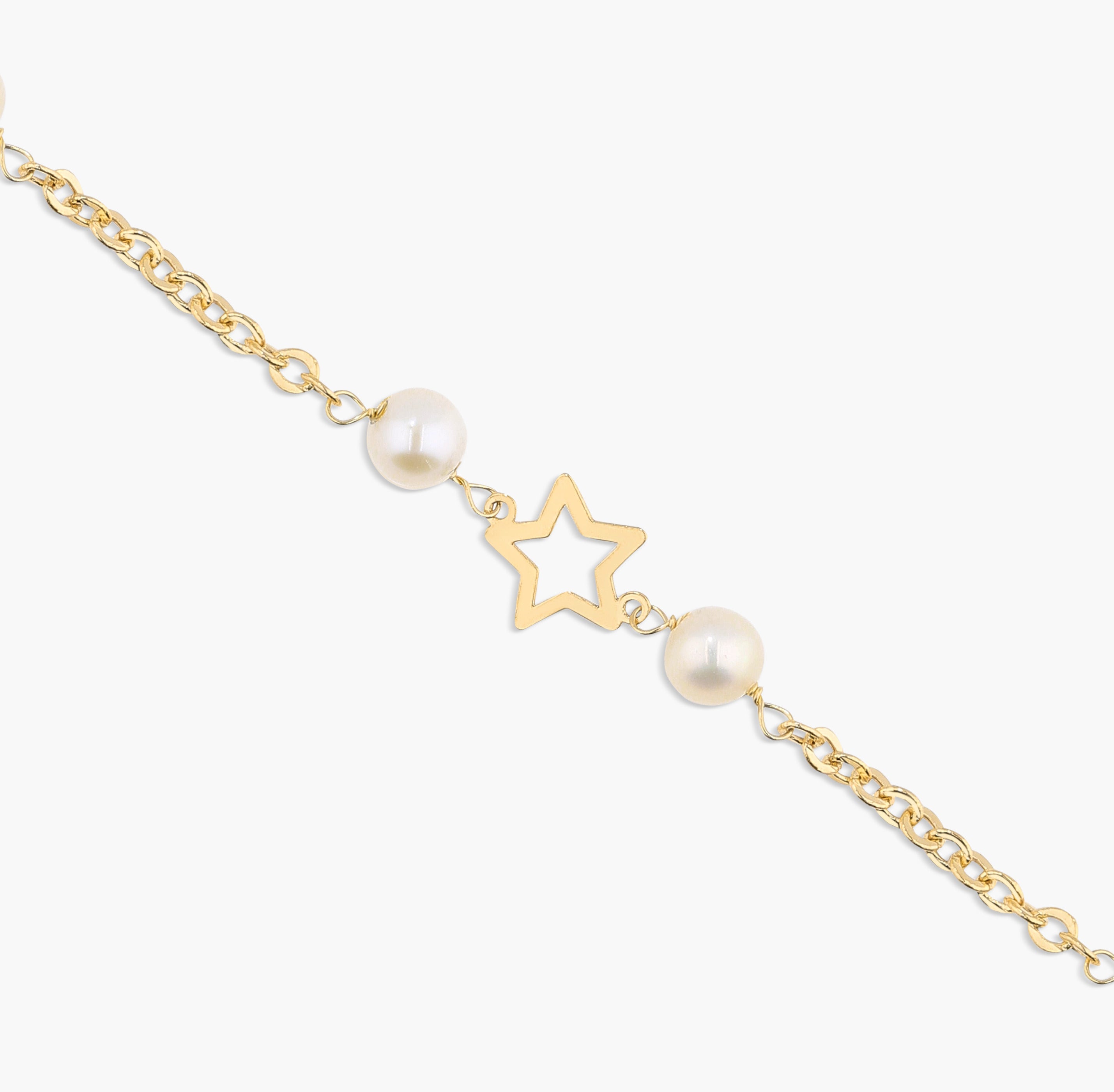 Pulsera infantil de oro 18K con perlas y estrellas 15 cm