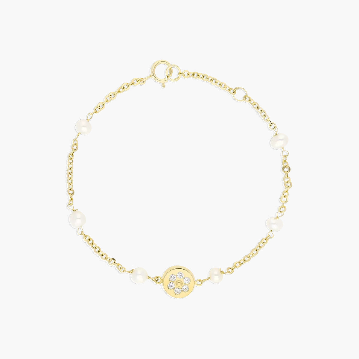 Pulsera infantil de oro 18K con perlas y circonitas 15-17 cm