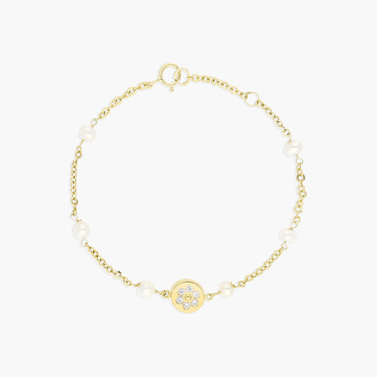 Pulsera infantil de oro 18K con perlas y circonitas 15-17 cm