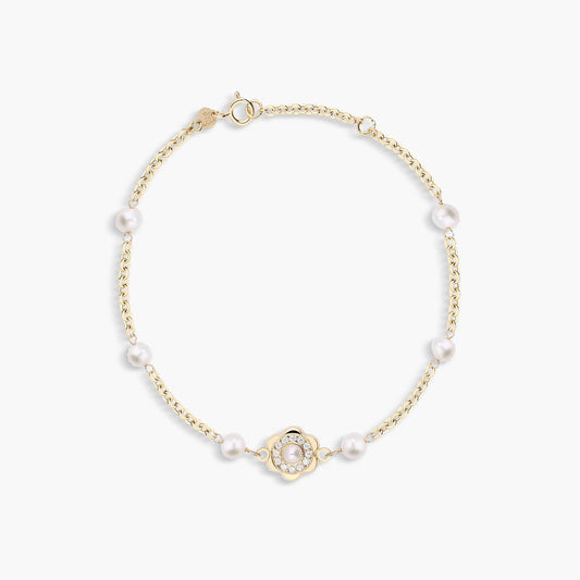 Pulsera infantil de oro 18K con perlas y circonitas 15-17 cm