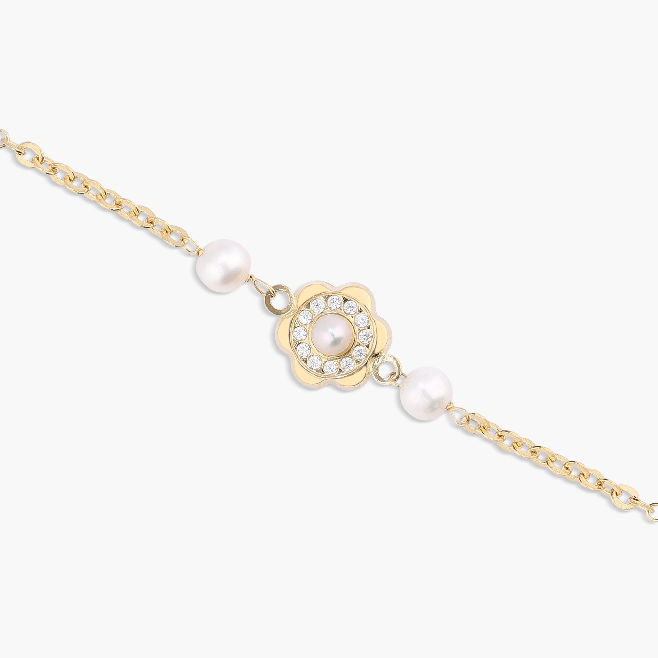 Pulsera infantil de oro 18K con perlas y circonitas 15-17 cm