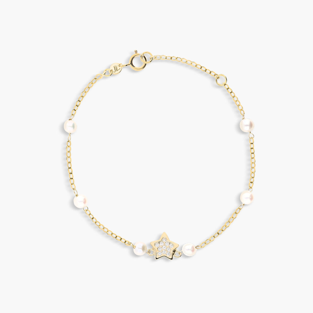 Pulsera infantil de oro 18K con perlas y circonitas en forma de estrella 15-17 cm