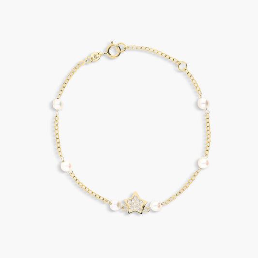Pulsera infantil de oro 18K con perlas y circonitas en forma de estrella 15-17 cm