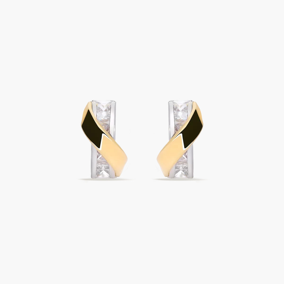 Pendientes de oro bicolor 18K bagué enlazados circonitas 14 mm