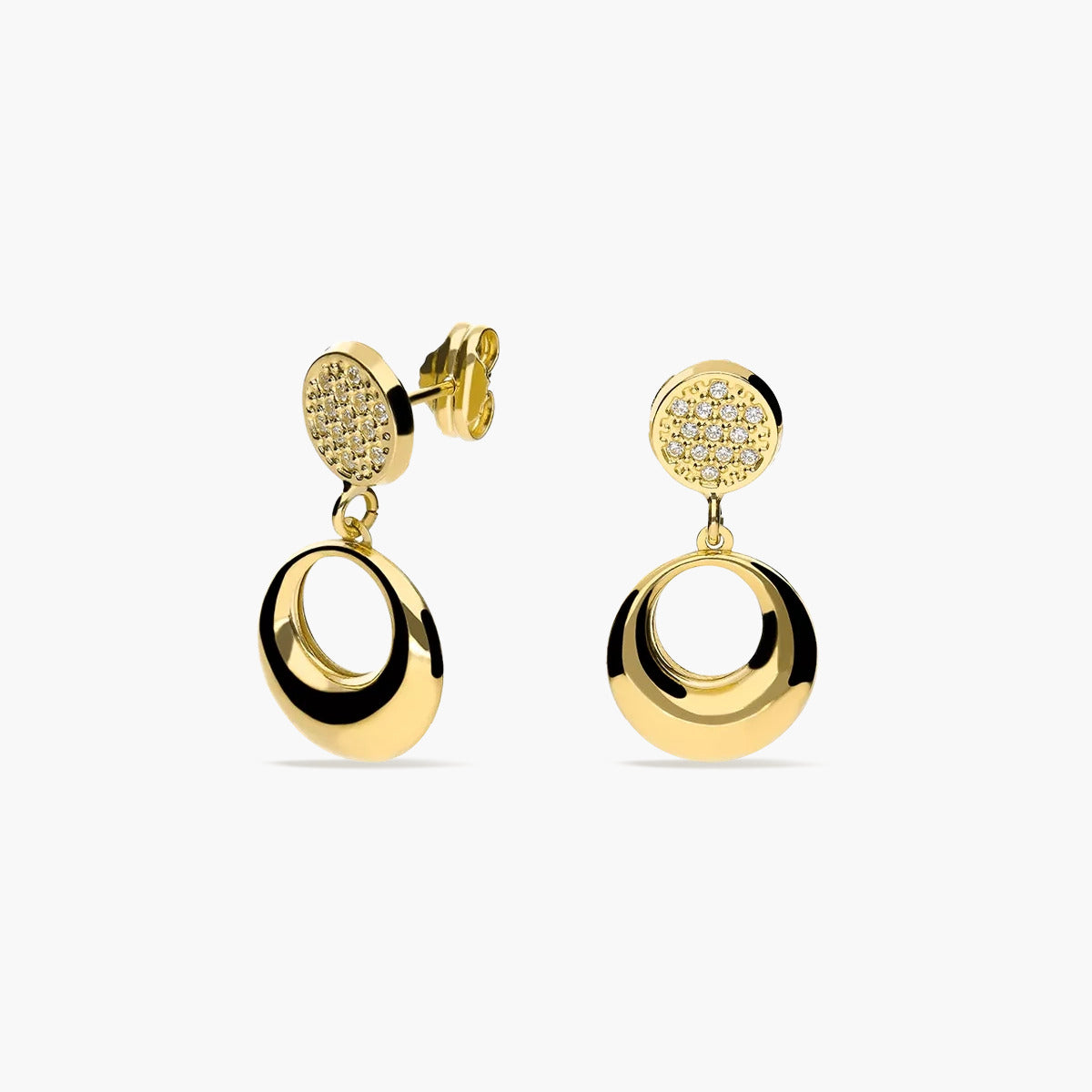 Pendientes largos redondos de oro 18K circonitas 18 mm
