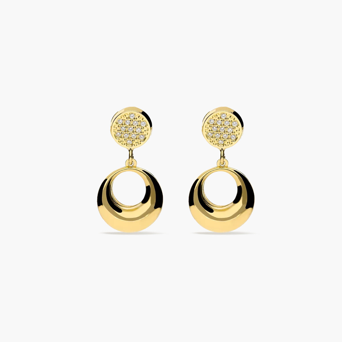 Pendientes largos redondos de oro 18K circonitas 18 mm
