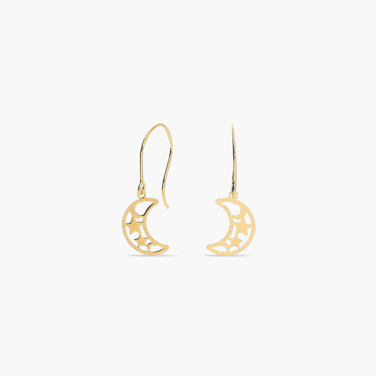 Pendientes largos luna y estrella de oro 18K 20 mm