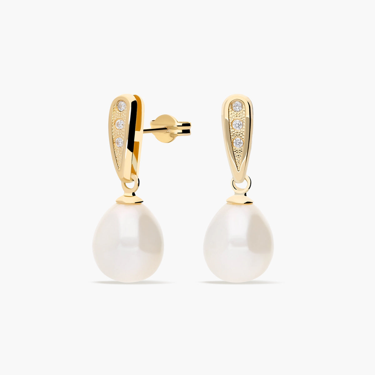 Pendientes largos de oro 18K con perlas y circonitas 23 mm