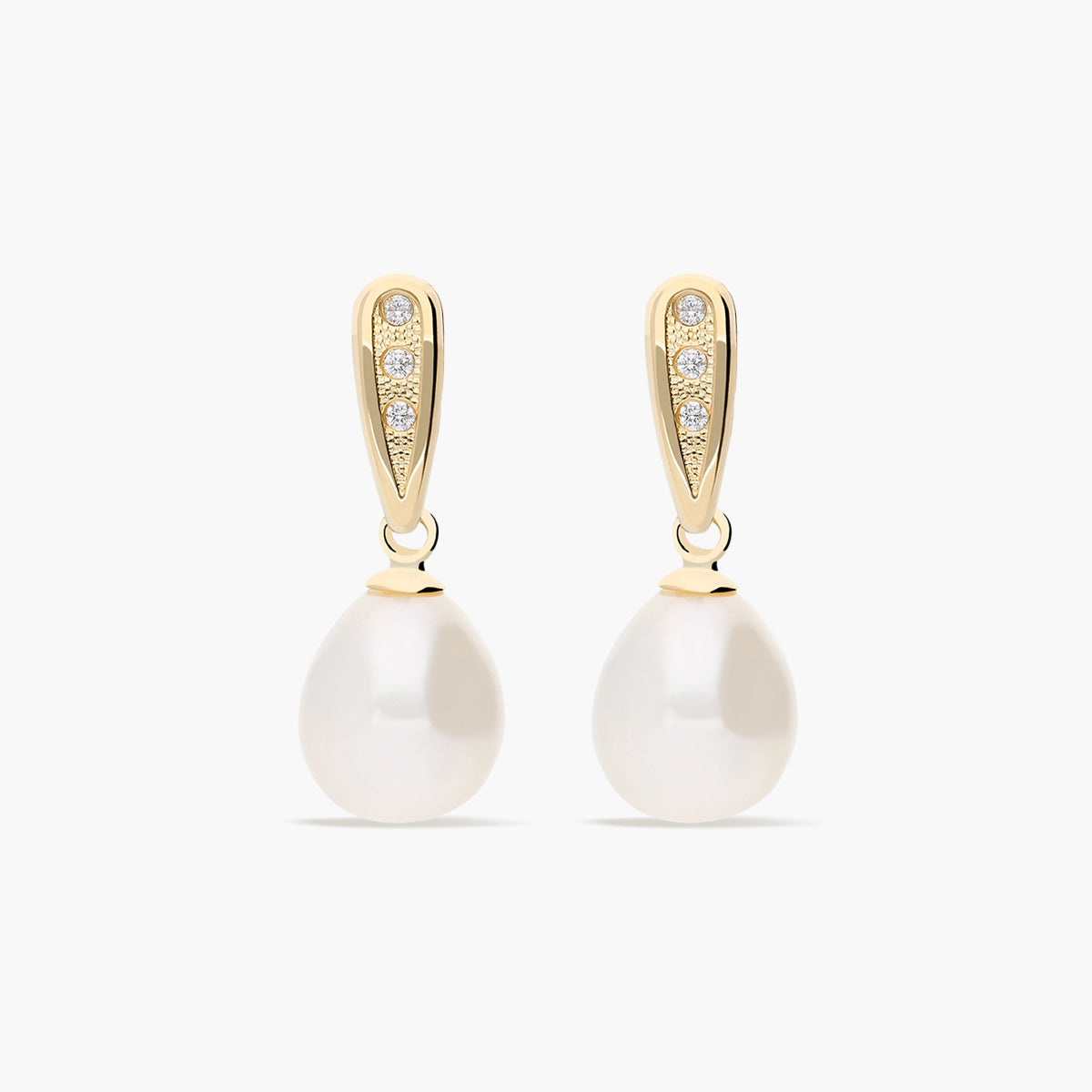 Pendientes largos de oro 18K con perlas y circonitas 23 mm