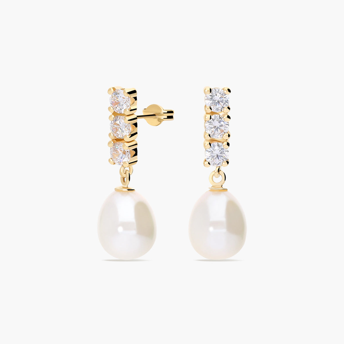 Pendientes largos de oro 18K con perlas y circonitas 22 mm
