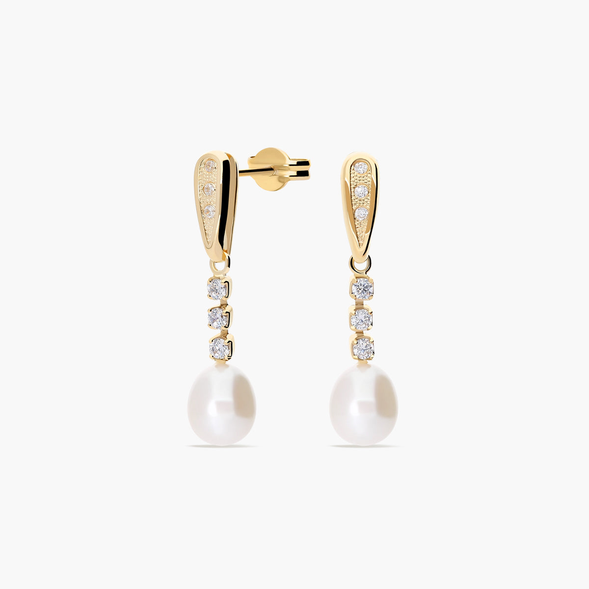 Pendientes largos de oro 18K con perlas y circonitas 30 mm