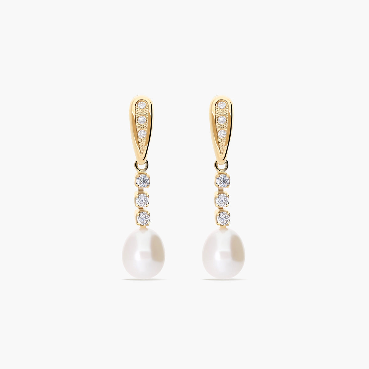 Pendientes largos de oro 18K con perlas y circonitas 30 mm