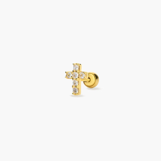 Piercing de oreja de oro 18K circonitas cruz