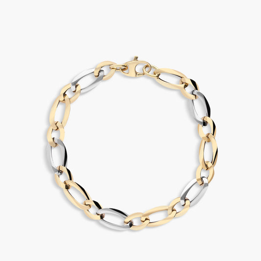 Pulsera de oro bicolor 18K eslabón anillas 20 cm