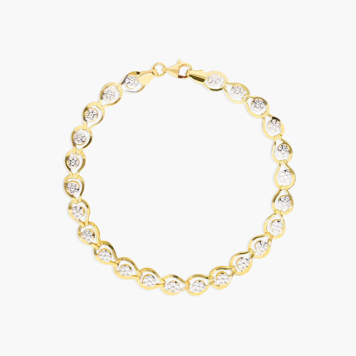 Pulsera de oro bicolor 18K eslabón oval flor 19 cm