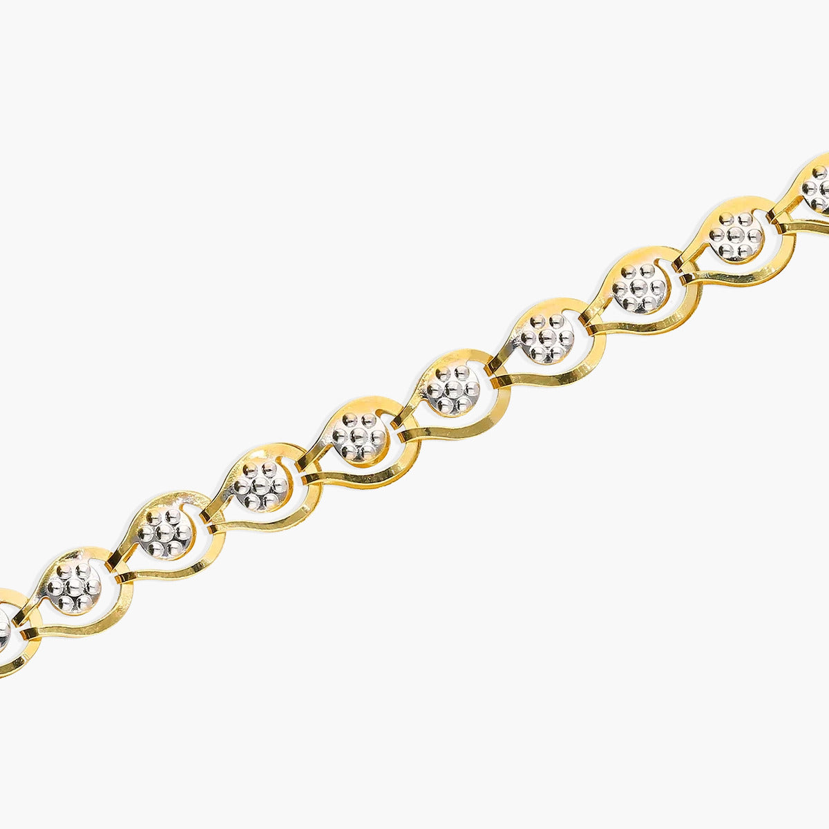 Pulsera de oro bicolor 18K eslabón oval flor 19 cm