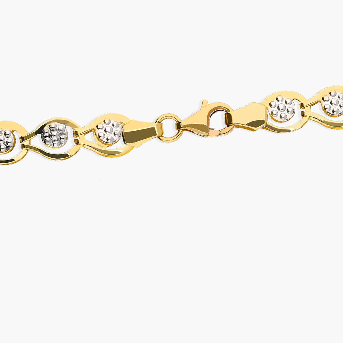 Pulsera de oro bicolor 18K eslabón oval flor 19 cm