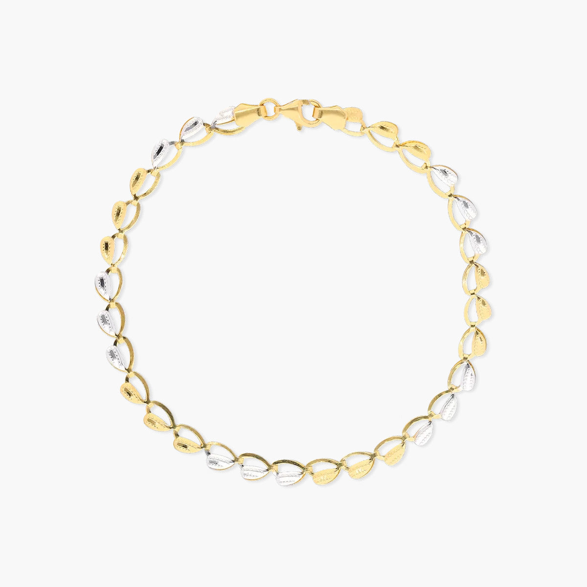 Pulsera de oro bicolor 18K eslabón oval corazón 19 cm