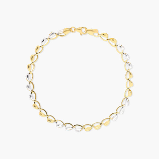 Pulsera de oro bicolor 18K eslabón oval corazón 19 cm
