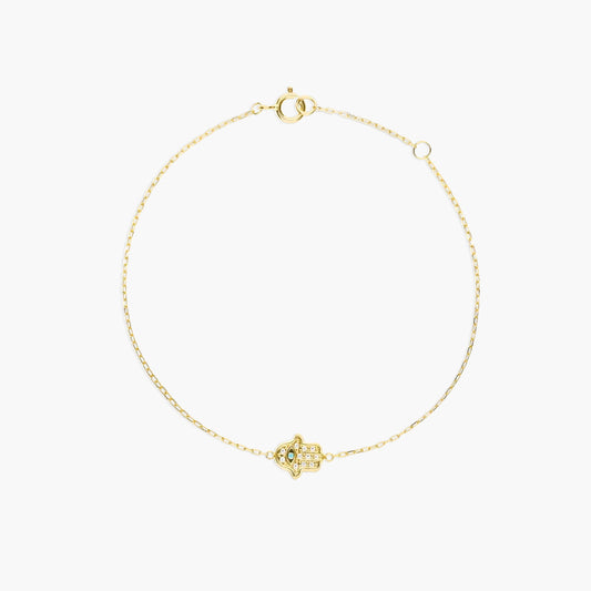 Pulsera de oro 18K circonitas con motivo en forma de mano de Fátima 16-18 cm