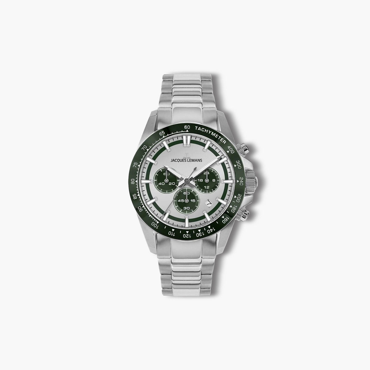 Reloj Jacques Lemans Liverpool 1-2207E cronógrafo acero esfera blanca y verde