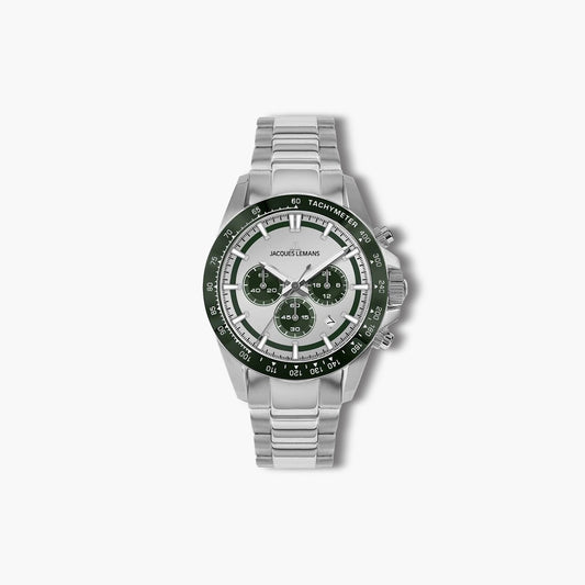 Reloj Jacques Lemans Liverpool 1-2207E cronógrafo acero esfera blanca y verde